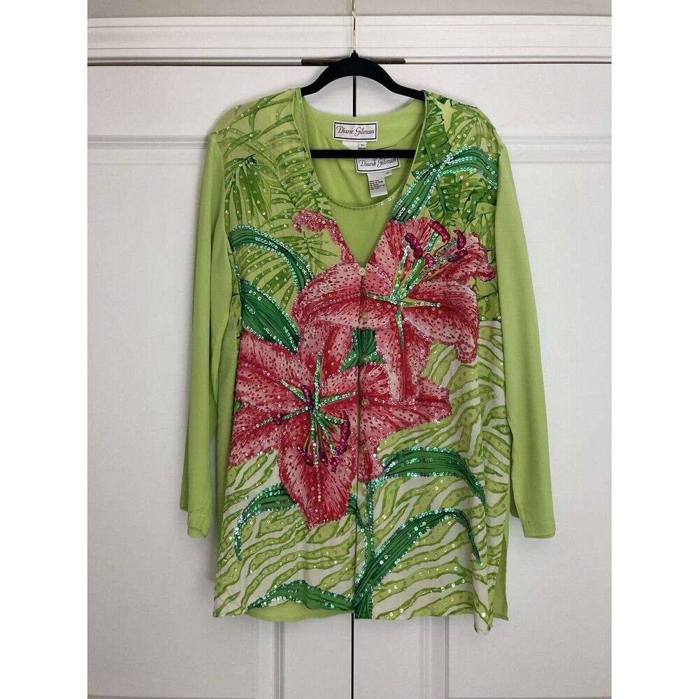 2 Piece Diane Gilman Blouse M 100% Silk Lime Green Floral Sequins Pink Tropical
